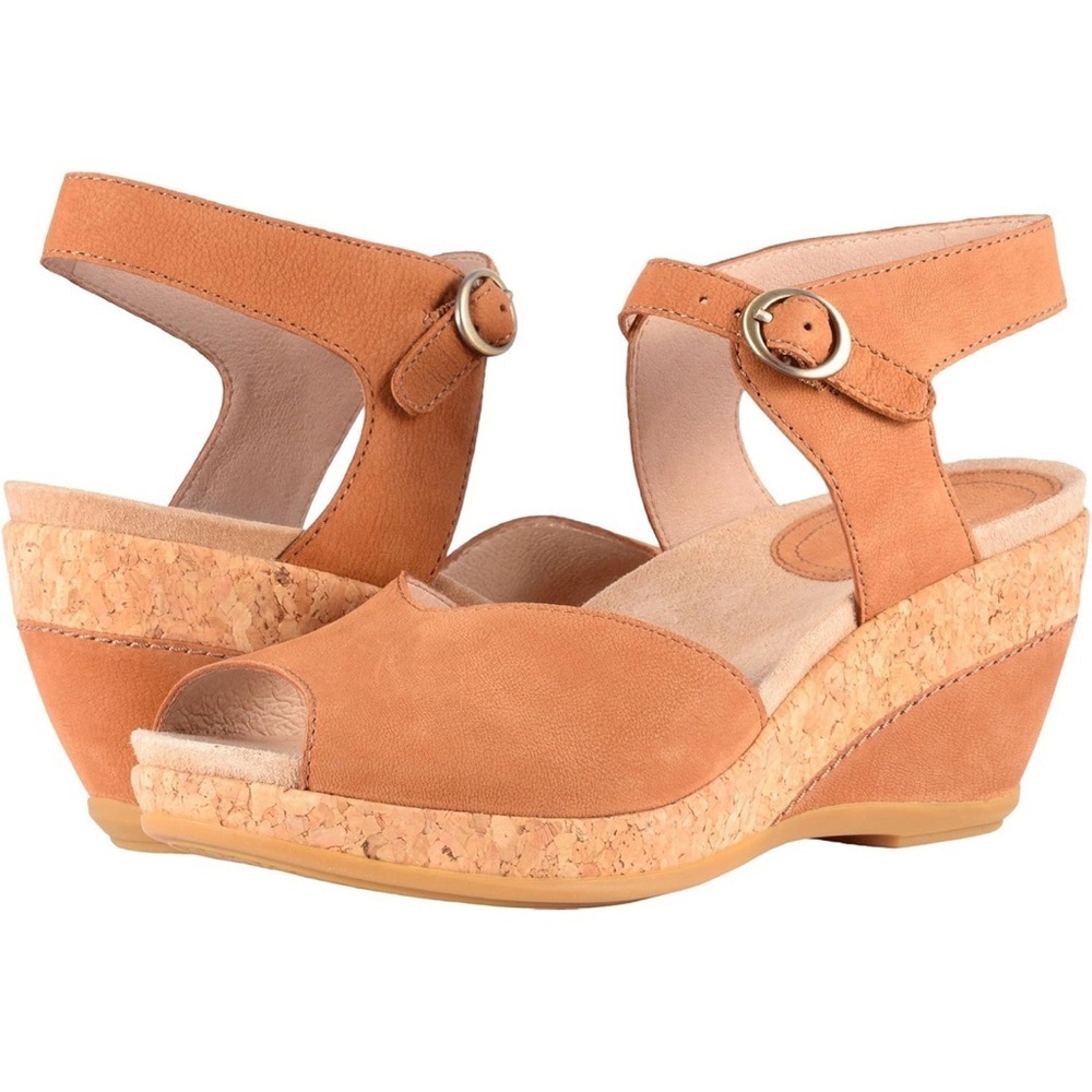 Dansko Joanie Tan Leather Cork Wedge Peep Toe Ankle Strap Sandals 39 981500